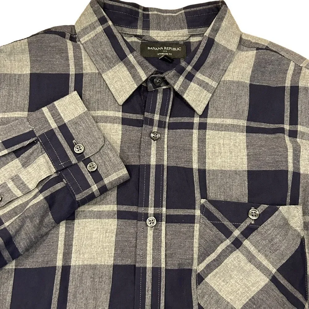 Banana Republic Cotton Blue Gray Plaid Shirt XL